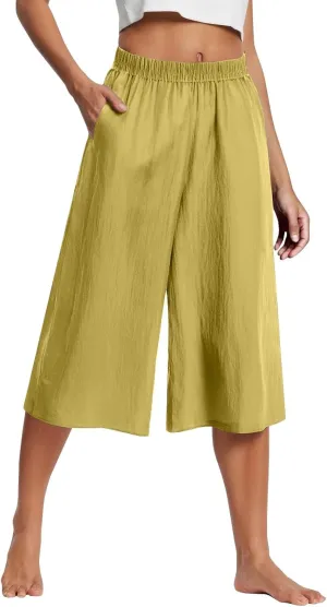 Capri Pants for Women Cotton Linen Summer Pants Wide Leg Pants Elastic Waist Pants Cropped Trouser with Pockets