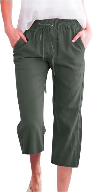 Capris for Women Casual 2024 Summer Linen Capri Pants Loose Wide Leg Drawstring Cropped Pants Baggy Palazzo Trousers