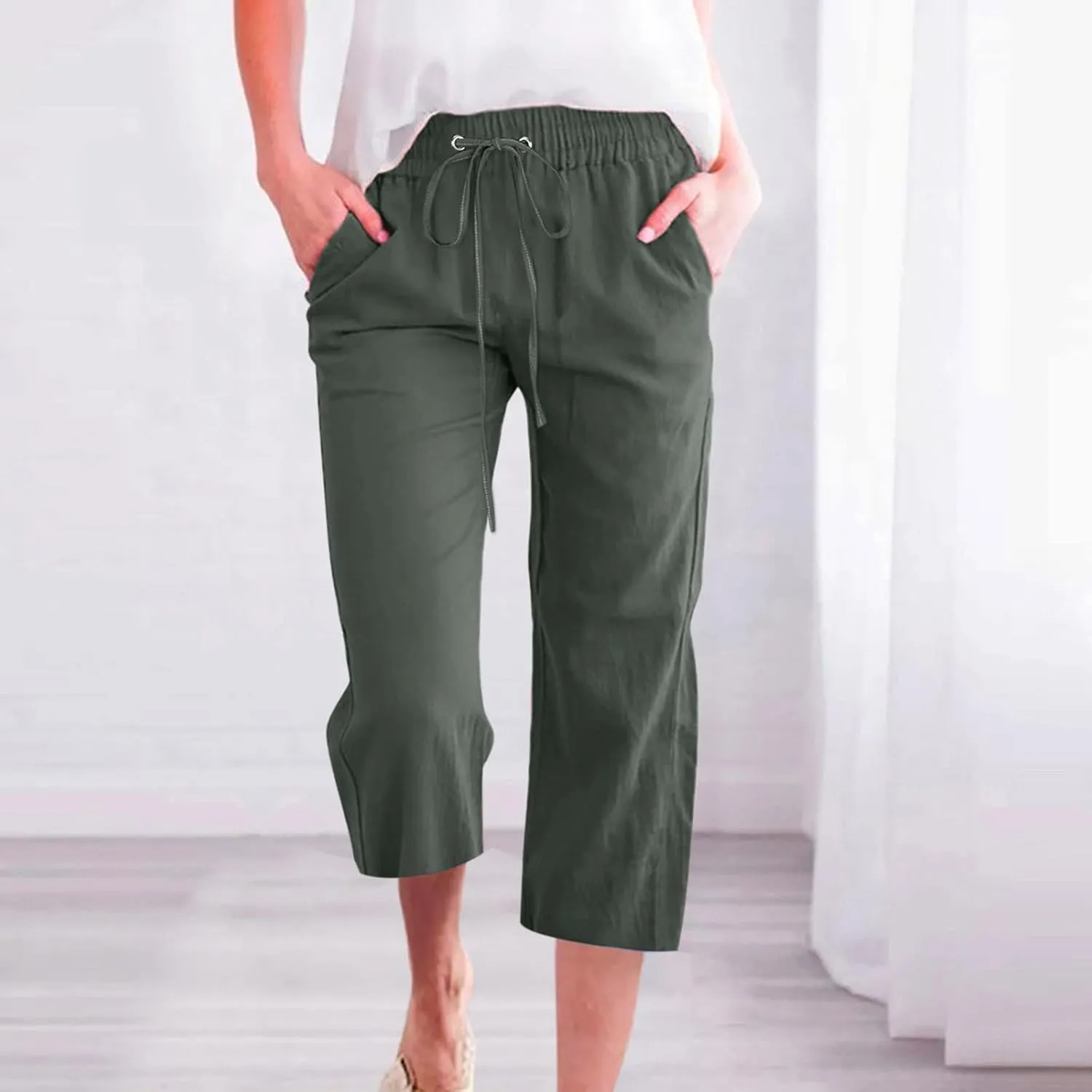 Capris for Women Casual 2024 Summer Linen Capri Pants Loose Wide Leg Drawstring Cropped Pants Baggy Palazzo Trousers