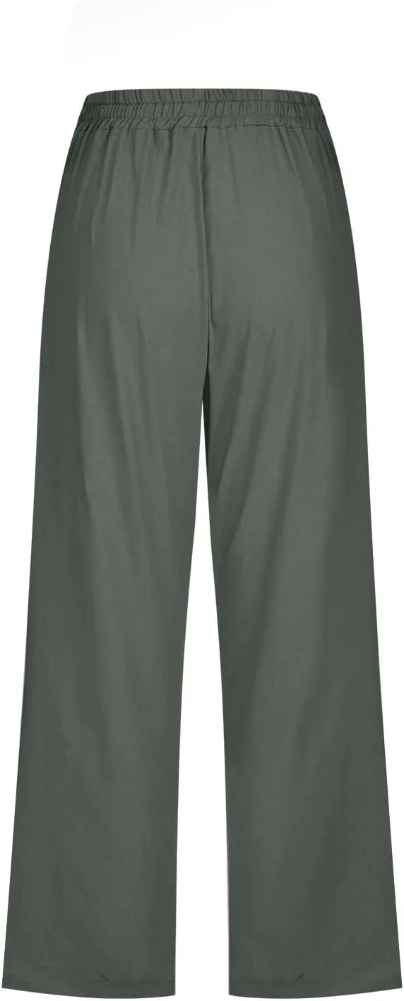Capris for Women Casual 2024 Summer Linen Capri Pants Loose Wide Leg Drawstring Cropped Pants Baggy Palazzo Trousers