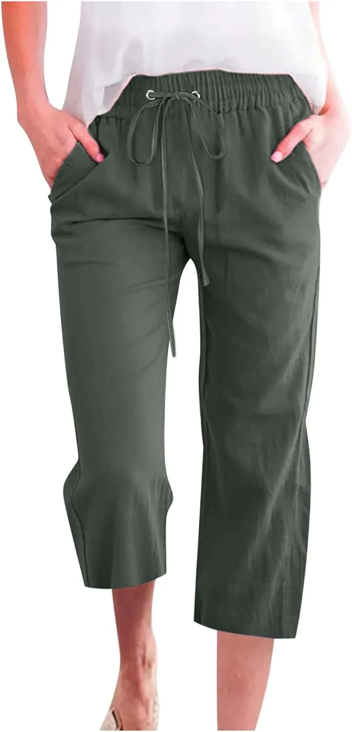 Capris for Women Casual 2024 Summer Linen Capri Pants Loose Wide Leg Drawstring Cropped Pants Baggy Palazzo Trousers