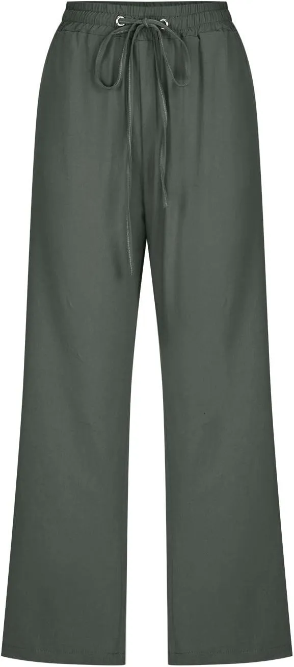 Capris for Women Casual 2024 Summer Linen Capri Pants Loose Wide Leg Drawstring Cropped Pants Baggy Palazzo Trousers