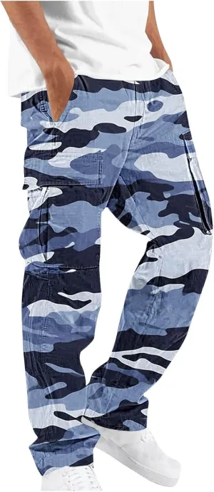 Cargo Pants for Men Classic-Fit Multi Pockets Work Pants Elastic Waist Drawstring Hiking Pants Casual Outdoors Pants
