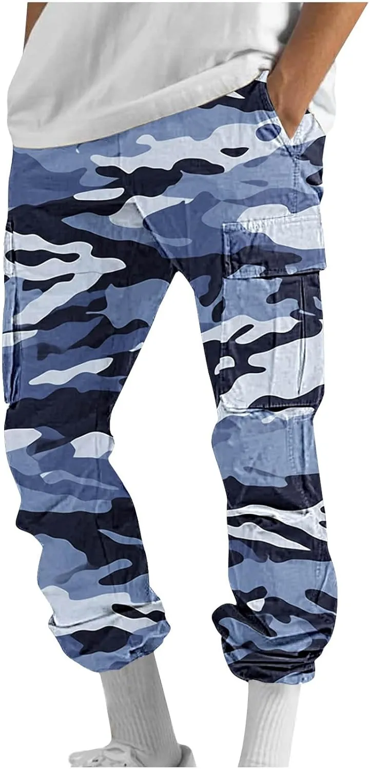 Cargo Pants for Men Classic-Fit Multi Pockets Work Pants Elastic Waist Drawstring Hiking Pants Casual Outdoors Pants