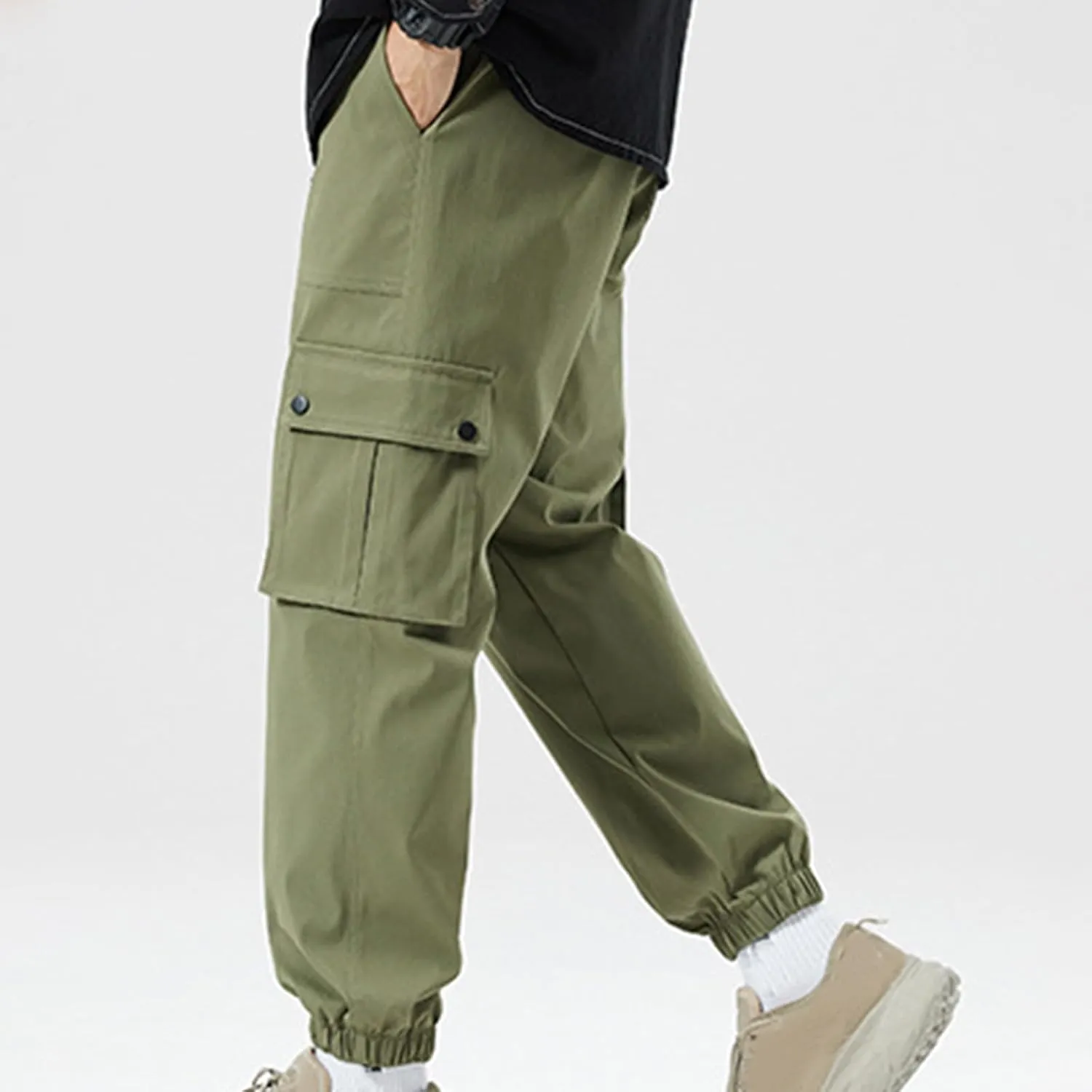 Cargo Pants for Men Multi-Pockets Solid Color Hiking Pants Elastic Waist Drawstring Outdoor Pants Classic Jogger Pants