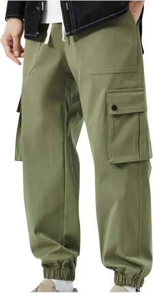 Cargo Pants for Men Multi-Pockets Solid Color Hiking Pants Elastic Waist Drawstring Outdoor Pants Classic Jogger Pants