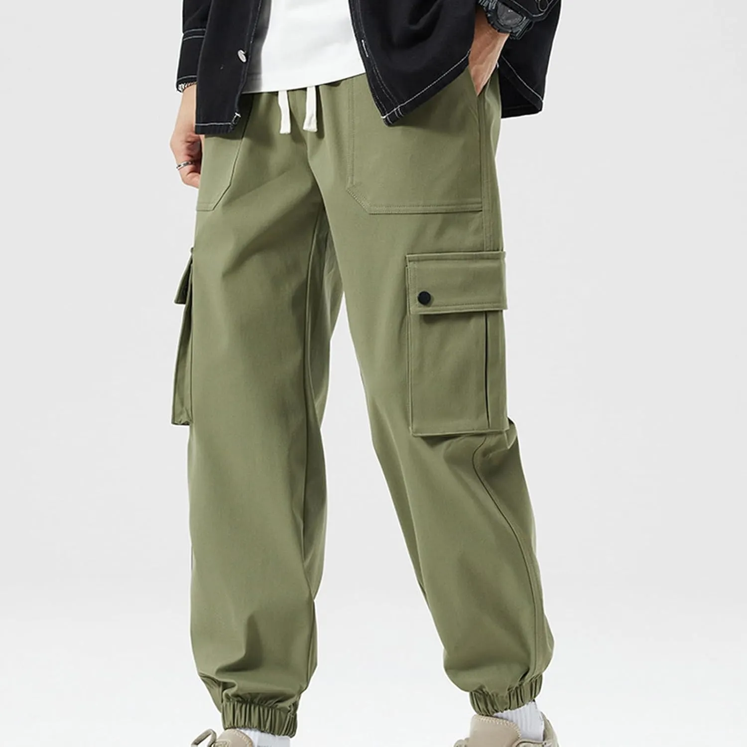Cargo Pants for Men Multi-Pockets Solid Color Hiking Pants Elastic Waist Drawstring Outdoor Pants Classic Jogger Pants