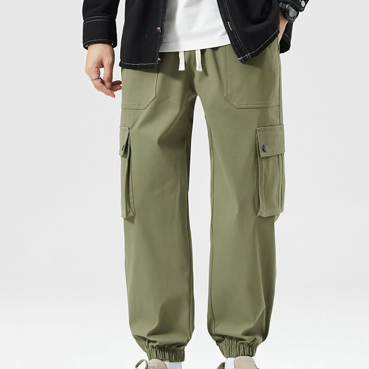 Cargo Pants for Men Multi-Pockets Solid Color Hiking Pants Elastic Waist Drawstring Outdoor Pants Classic Jogger Pants