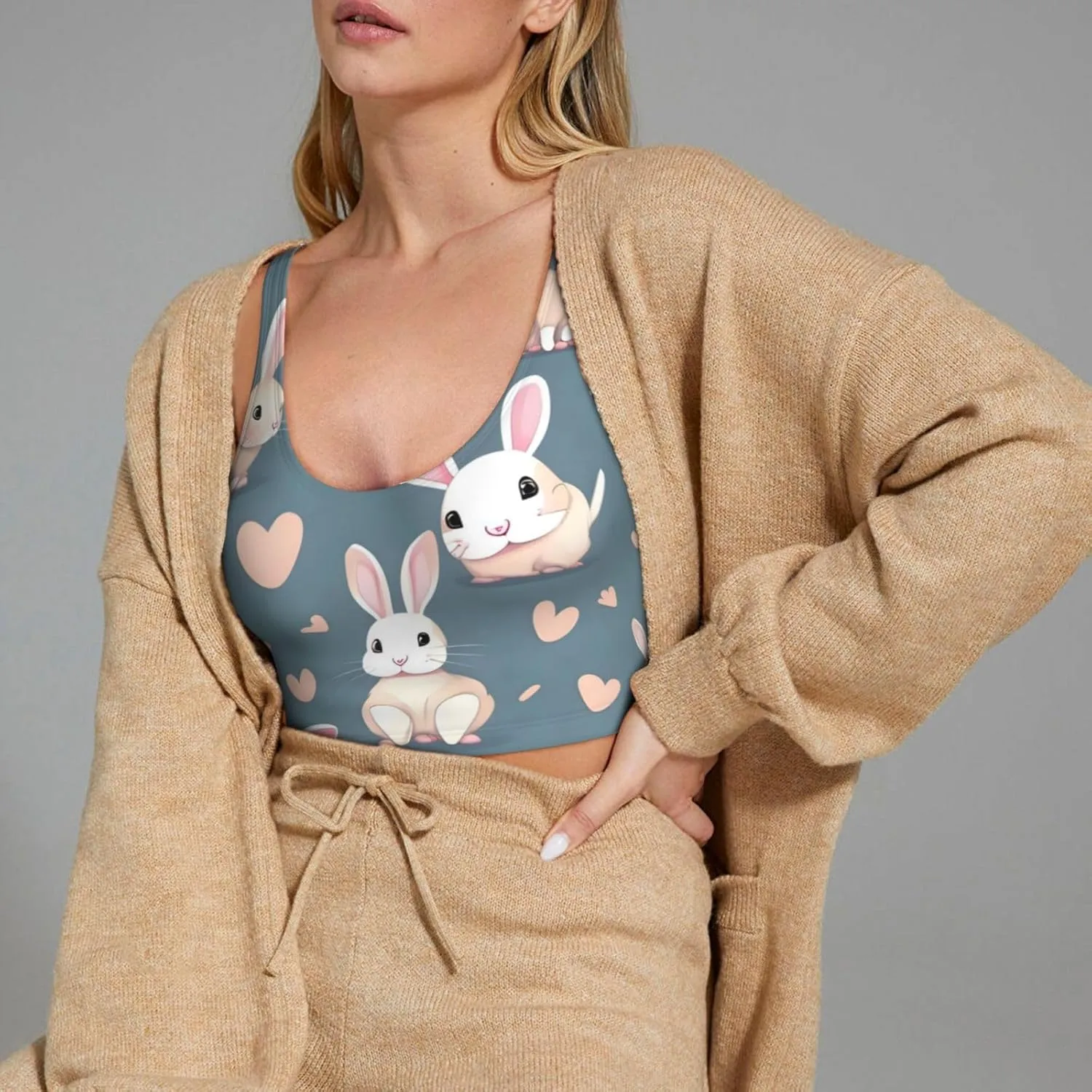 Cartoon Cute Bunny Women's Sexy Sports Vest Sleeveless Athletic Gym T-Shirts Vest U-Shaped Back Quick Dry Top