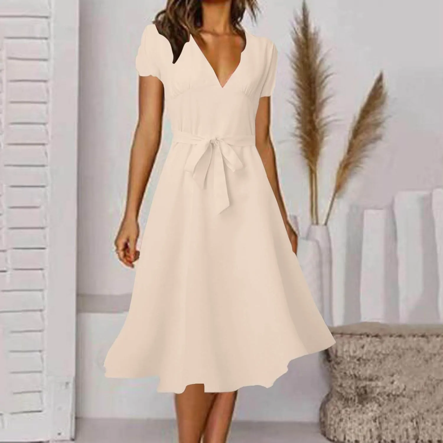 Casual Dresses for Women 2025 Summer Floral Boho Dress Wrap V Neck Short Sleeve Flowy A Line Midi Outfit