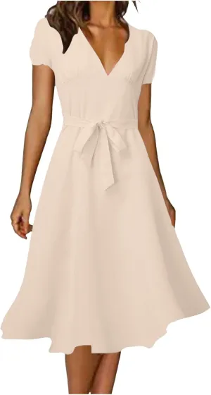 Casual Dresses for Women 2025 Summer Floral Boho Dress Wrap V Neck Short Sleeve Flowy A Line Midi Outfit