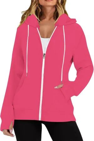 Casual Oversized Hoodies for Women Full Zip Long Sleeve Athletic Hooded Jackets 2024 Fall Drawstring Sweatshirts Tops