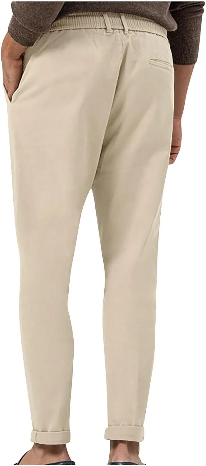 Casual Pants for Men Stretch Dress Pants Khaki Slim Fit Pants Solid Drawstring Waist Pants Golf Pants with Pockets