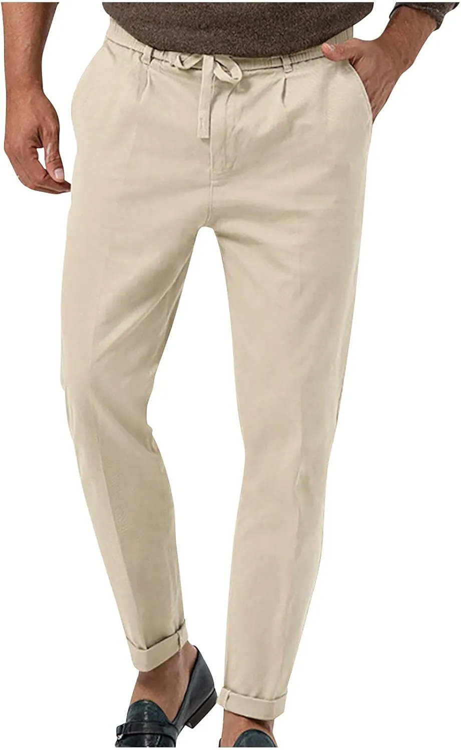 Casual Pants for Men Stretch Dress Pants Khaki Slim Fit Pants Solid Drawstring Waist Pants Golf Pants with Pockets