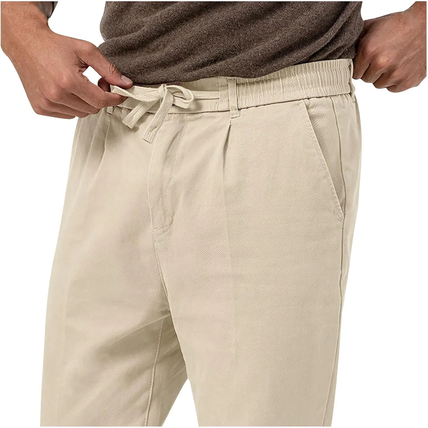 Casual Pants for Men Stretch Dress Pants Khaki Slim Fit Pants Solid Drawstring Waist Pants Golf Pants with Pockets