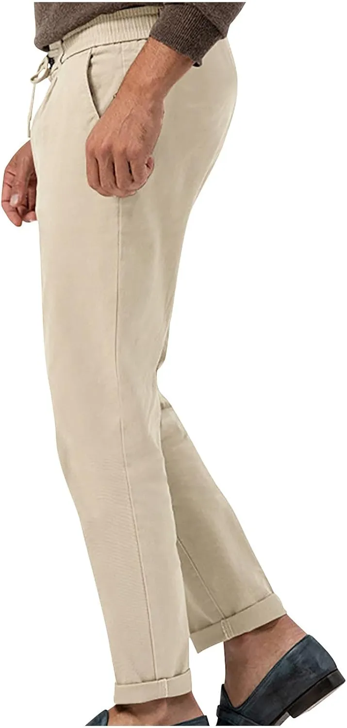 Casual Pants for Men Stretch Dress Pants Khaki Slim Fit Pants Solid Drawstring Waist Pants Golf Pants with Pockets