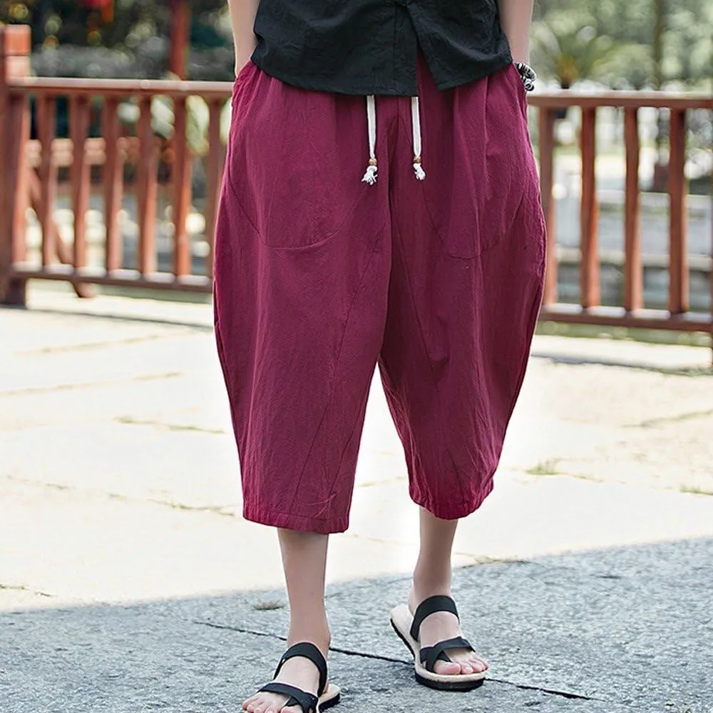Casual Pants for Mens Linen Pants Relaxed-Fit Beach Trousers Summer Yoga Pants Drawstring Elastic Waist Pants