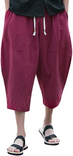 Casual Pants for Mens Linen Pants Relaxed-Fit Beach Trousers Summer Yoga Pants Drawstring Elastic Waist Pants