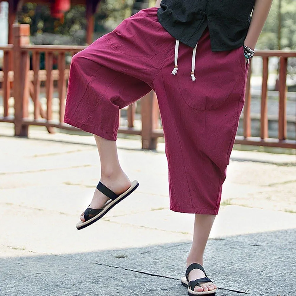 Casual Pants for Mens Linen Pants Relaxed-Fit Beach Trousers Summer Yoga Pants Drawstring Elastic Waist Pants