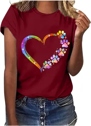 Ceboyel Women Love Heart Print Graphic Tees Short Sleeve Casual Blouses Crew Neck Cute T Shirts Trendy Ladies Clothes 2023
