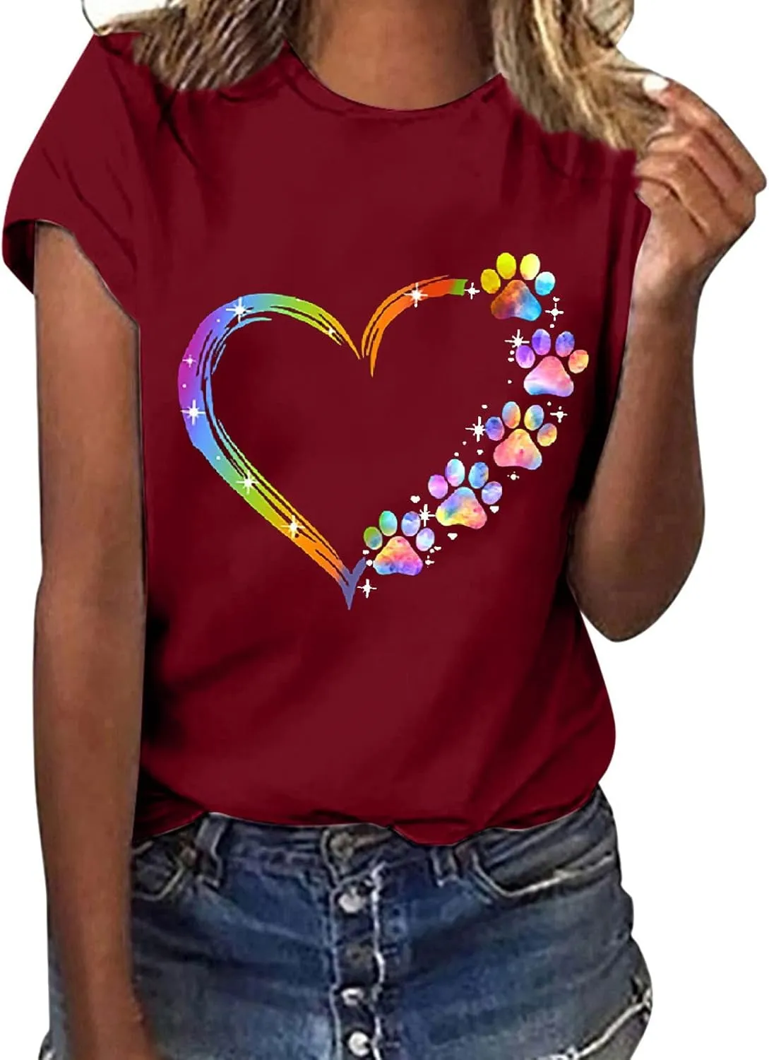 Ceboyel Women Love Heart Print Graphic Tees Short Sleeve Casual Blouses Crew Neck Cute T Shirts Trendy Ladies Clothes 2023