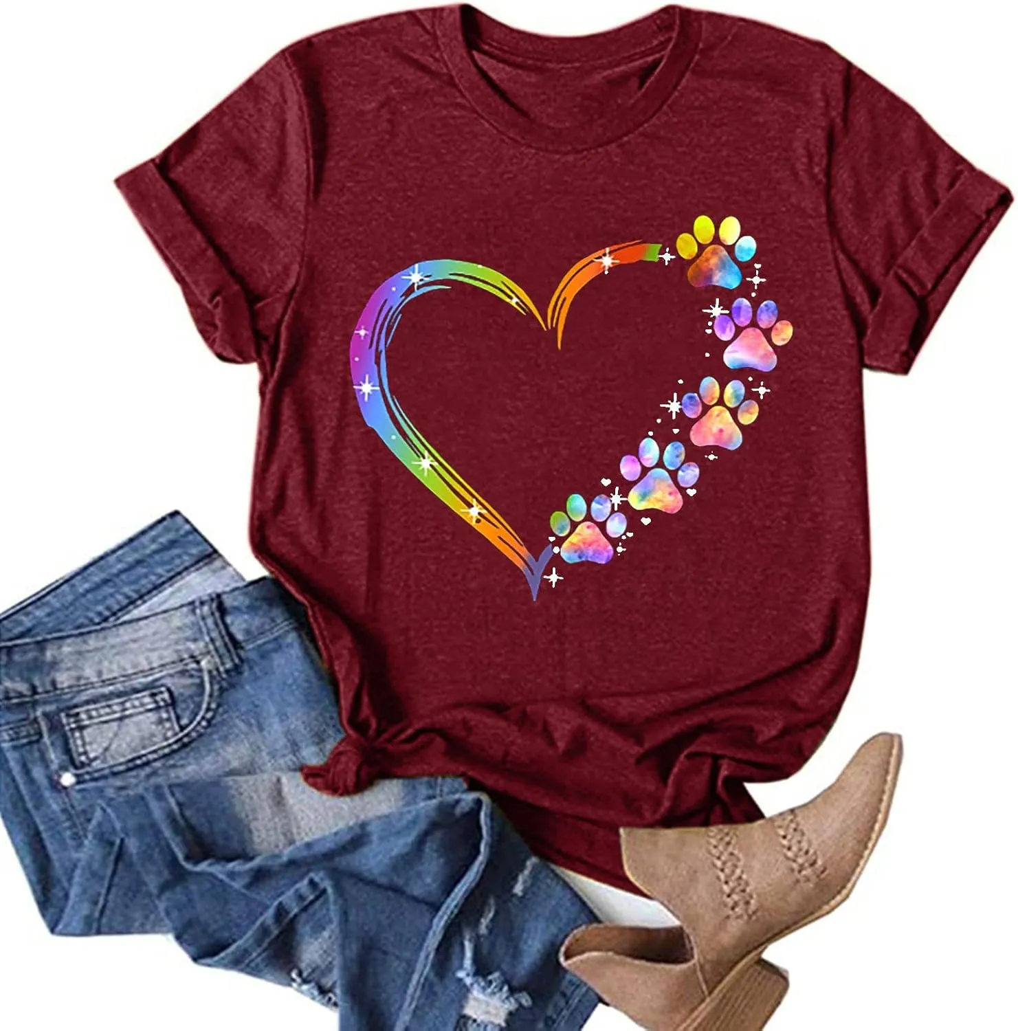 Ceboyel Women Love Heart Print Graphic Tees Short Sleeve Casual Blouses Crew Neck Cute T Shirts Trendy Ladies Clothes 2023