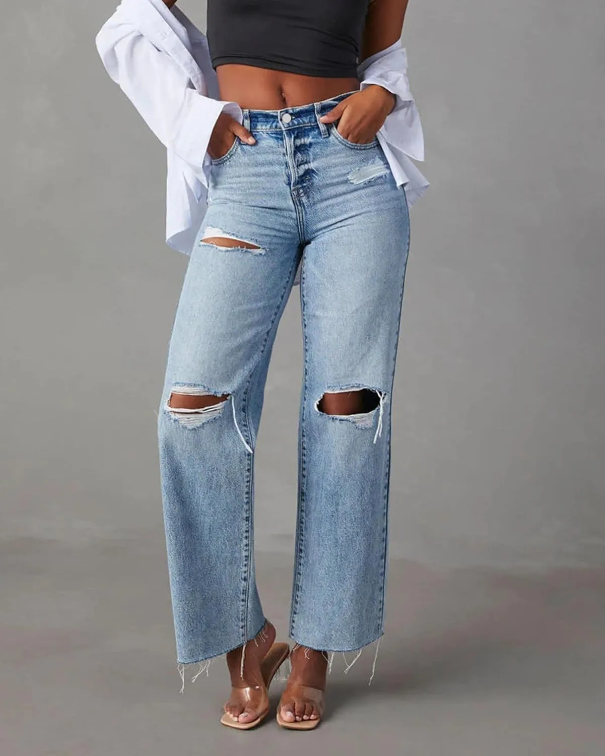 cffvdiz Women's Loose Boyfriend Jeans High Waist Distressed Ripped Raw Hem Ankle Straight Leg Denim Pants