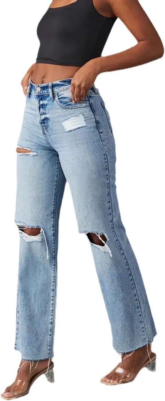 cffvdiz Women's Loose Boyfriend Jeans High Waist Distressed Ripped Raw Hem Ankle Straight Leg Denim Pants