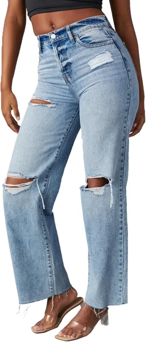 cffvdiz Women's Loose Boyfriend Jeans High Waist Distressed Ripped Raw Hem Ankle Straight Leg Denim Pants