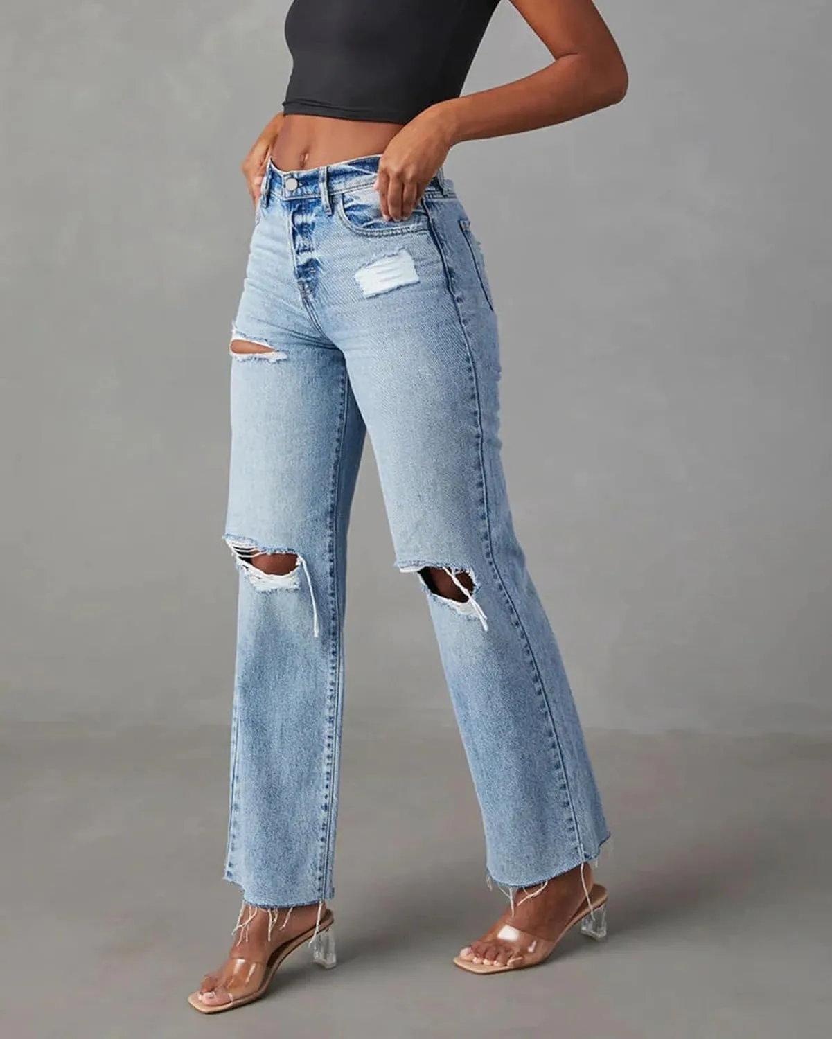 cffvdiz Women's Loose Boyfriend Jeans High Waist Distressed Ripped Raw Hem Ankle Straight Leg Denim Pants