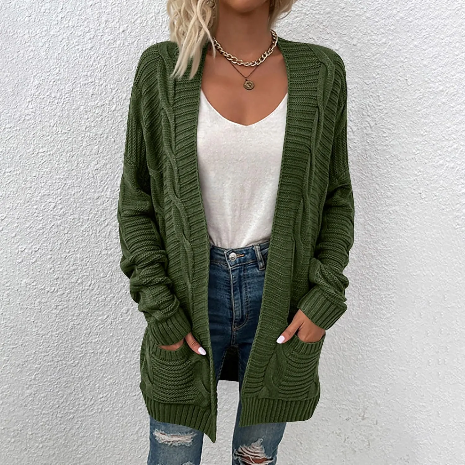 Color Block Cardigan Sweaters for Women Long Sleeve Cardigan Cable Knit Open Front Cardigan with Pockets