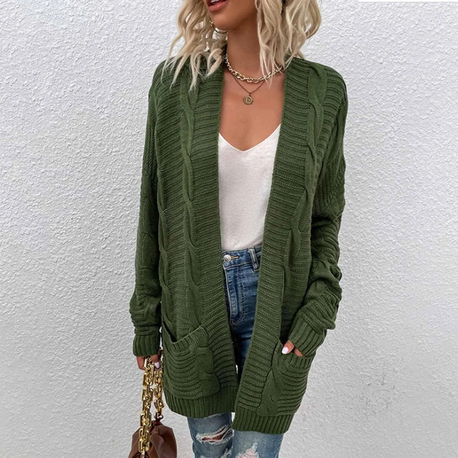 Color Block Cardigan Sweaters for Women Long Sleeve Cardigan Cable Knit Open Front Cardigan with Pockets