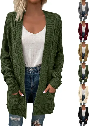 Color Block Cardigan Sweaters for Women Long Sleeve Cardigan Cable Knit Open Front Cardigan with Pockets