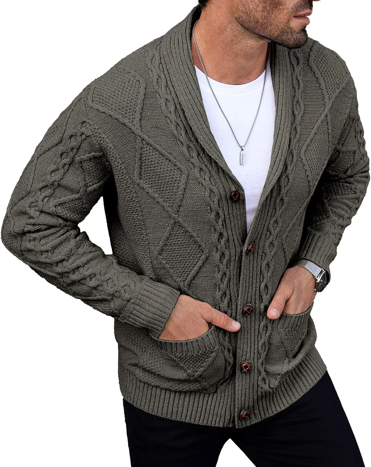 Comdecevis Mens Shawl Collar Cardigan Sweater Cable Knit Button Down Long Sleeve Casual Knitwear with Pockets