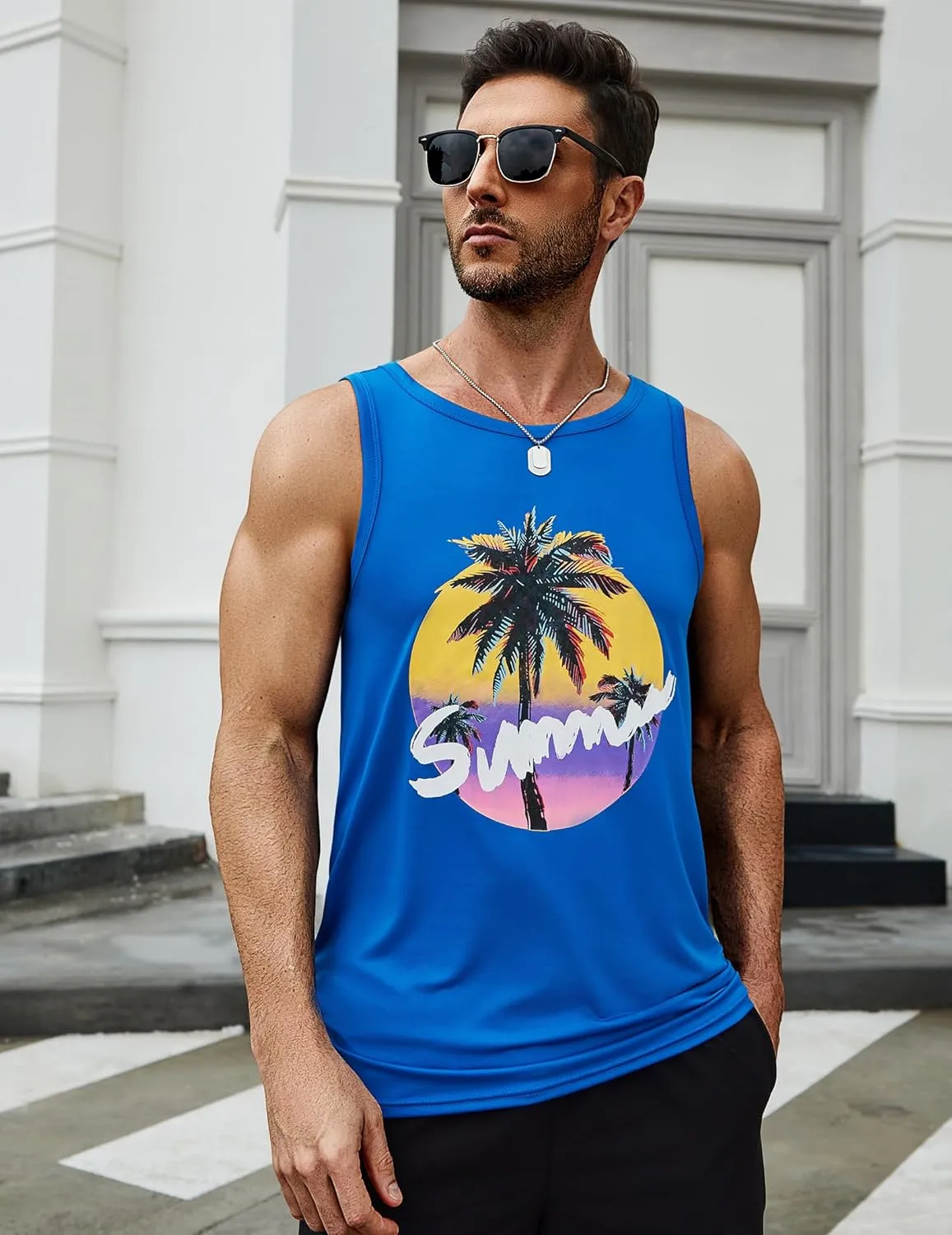 COOFANDY Mens Tank Tops Beach Summer Sleeveless Graphic T Shirts Palm Tree Vacation Quick Dry Muscle Gym Tank