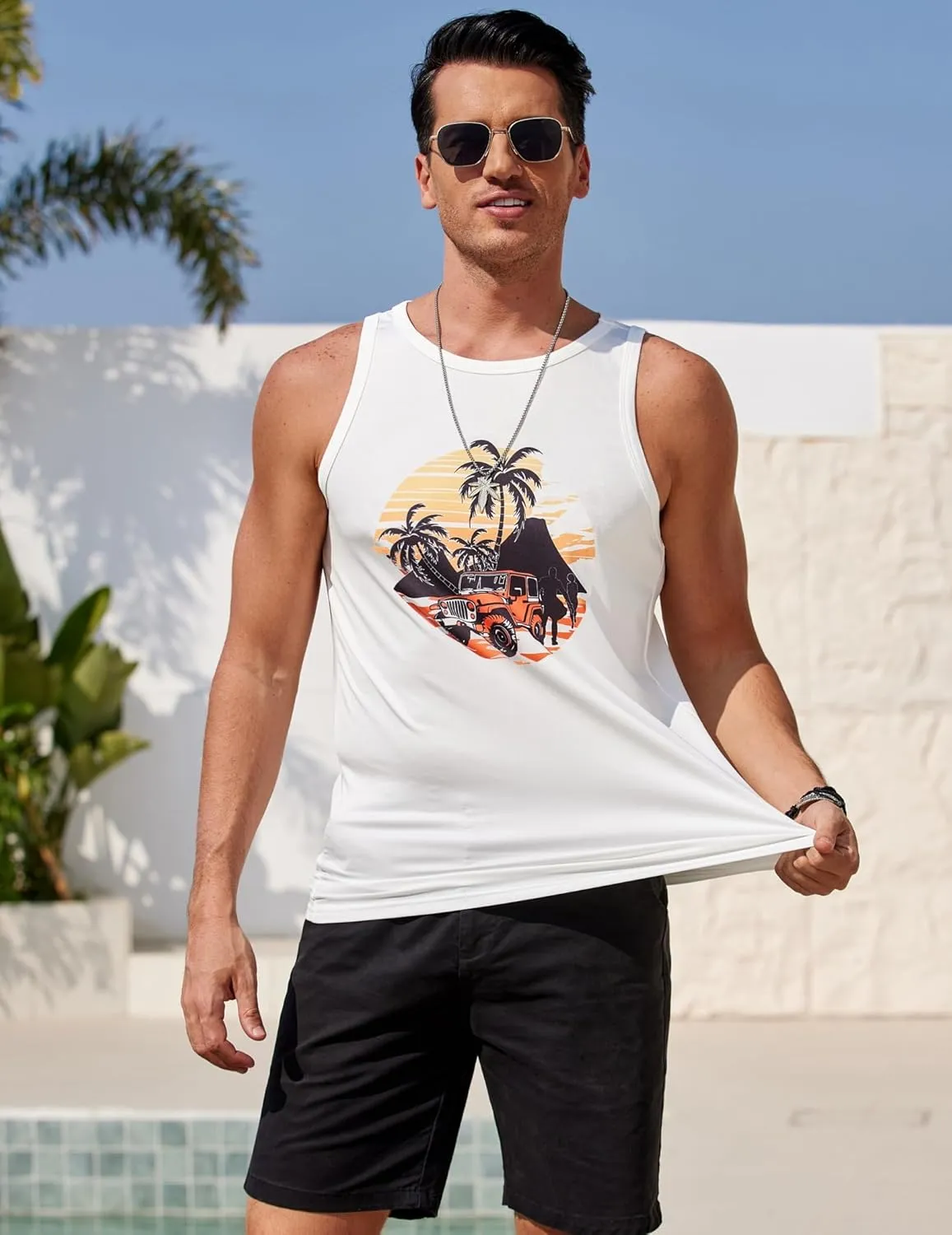 COOFANDY Mens Tank Tops Beach Summer Sleeveless Graphic T Shirts Palm Tree Vacation Quick Dry Muscle Gym Tank