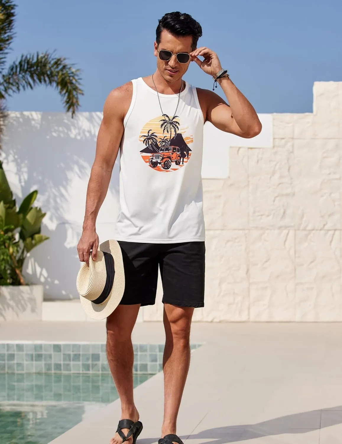 COOFANDY Mens Tank Tops Beach Summer Sleeveless Graphic T Shirts Palm Tree Vacation Quick Dry Muscle Gym Tank