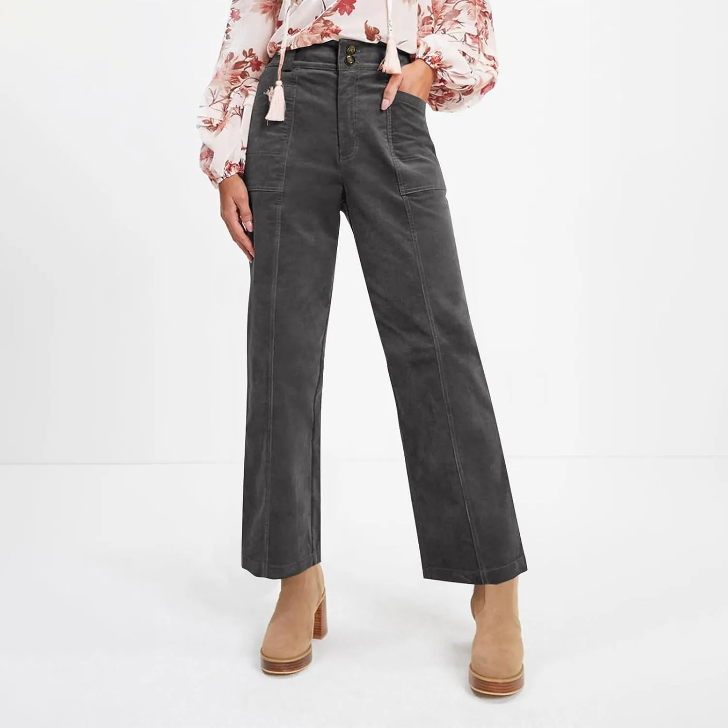 Corduroy Pants Women Business Baggy Wide Leg Dress Pants High Waisted Comfy Work Pants with Pockets Ankle Pants