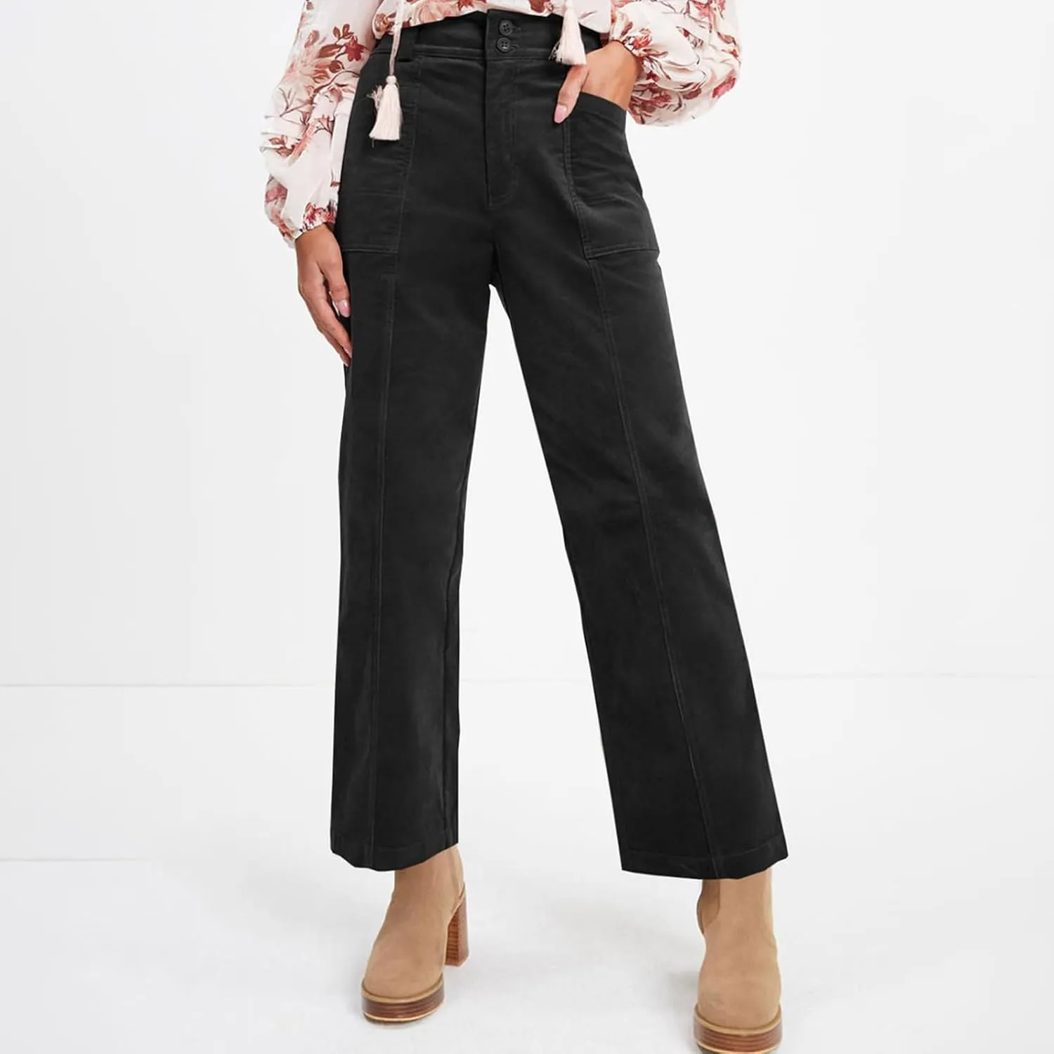 Corduroy Pants Women Business Baggy Wide Leg Dress Pants High Waisted Comfy Work Pants with Pockets Ankle Pants
