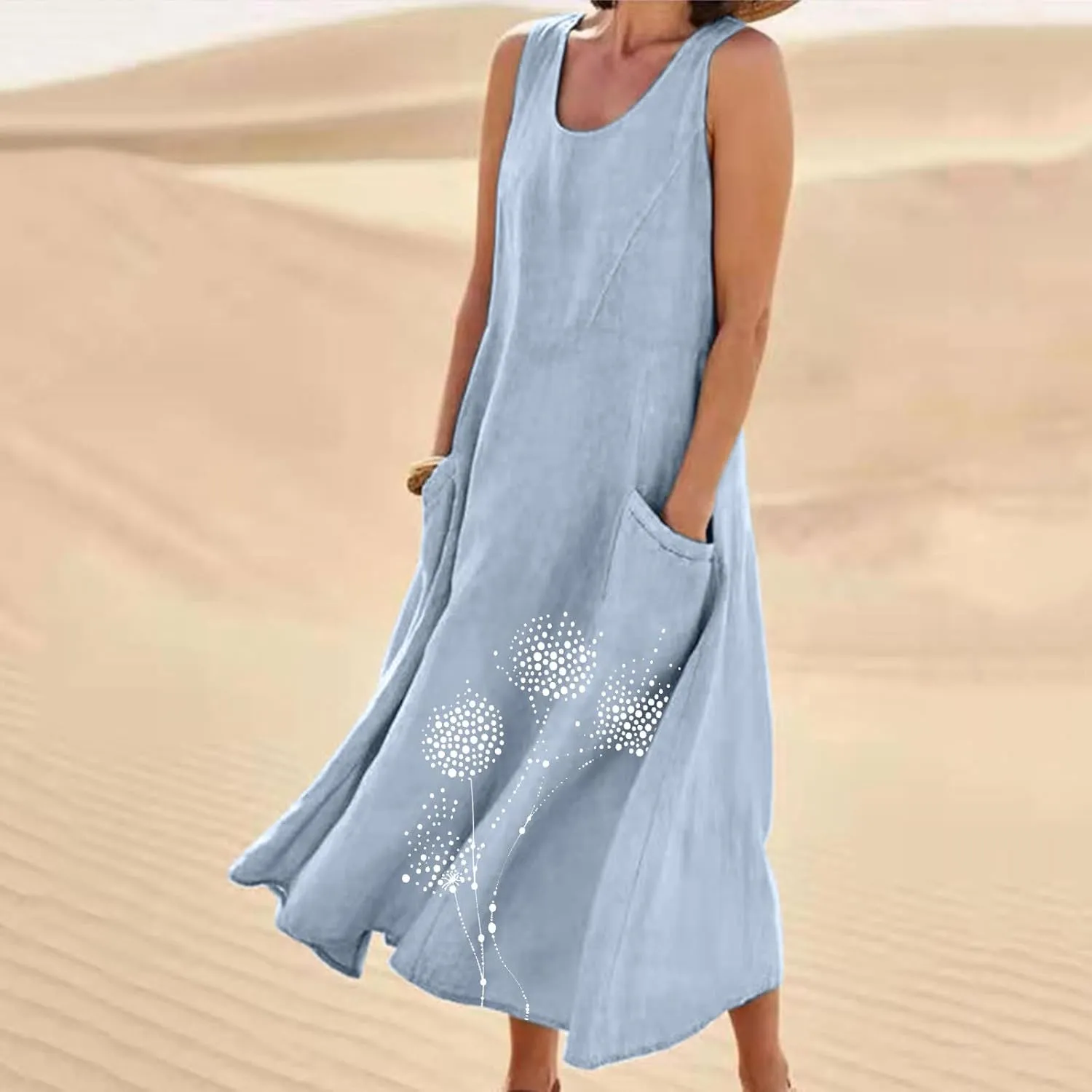 Cotton Linen Dress for Women 2025 Plus Size Sleeveless Summer Maxi Dresses Casual Elegante Floral Sundress with Pockets