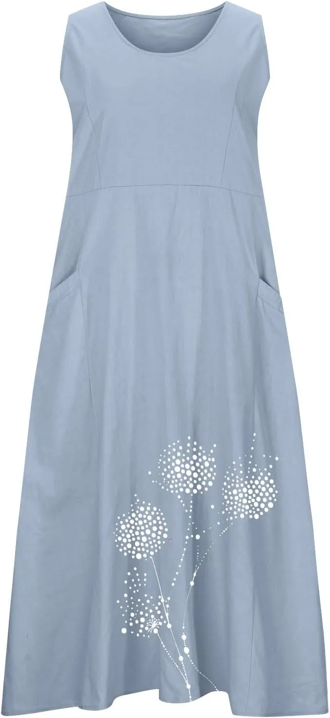 Cotton Linen Dress for Women 2025 Plus Size Sleeveless Summer Maxi Dresses Casual Elegante Floral Sundress with Pockets