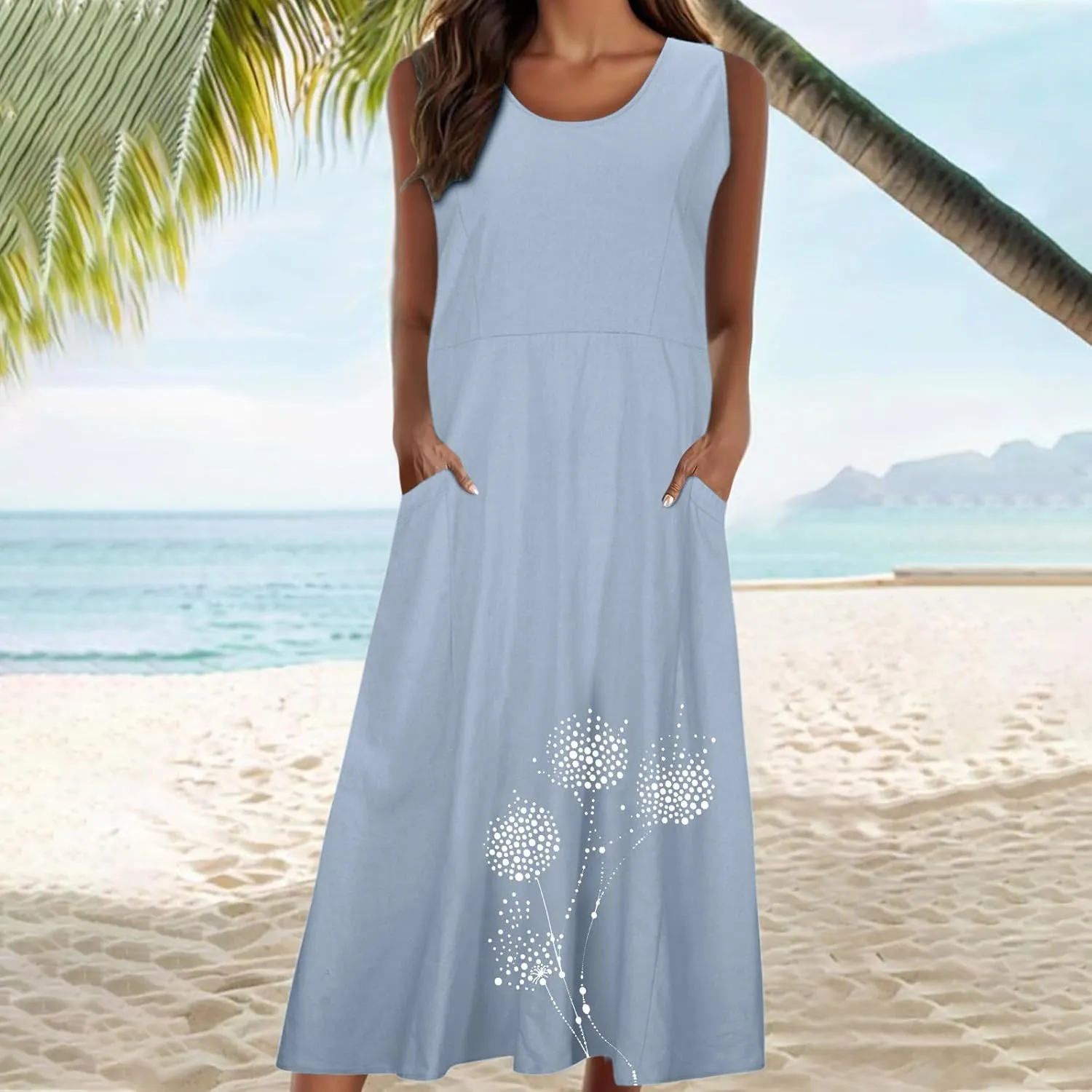 Cotton Linen Dress for Women 2025 Plus Size Sleeveless Summer Maxi Dresses Casual Elegante Floral Sundress with Pockets