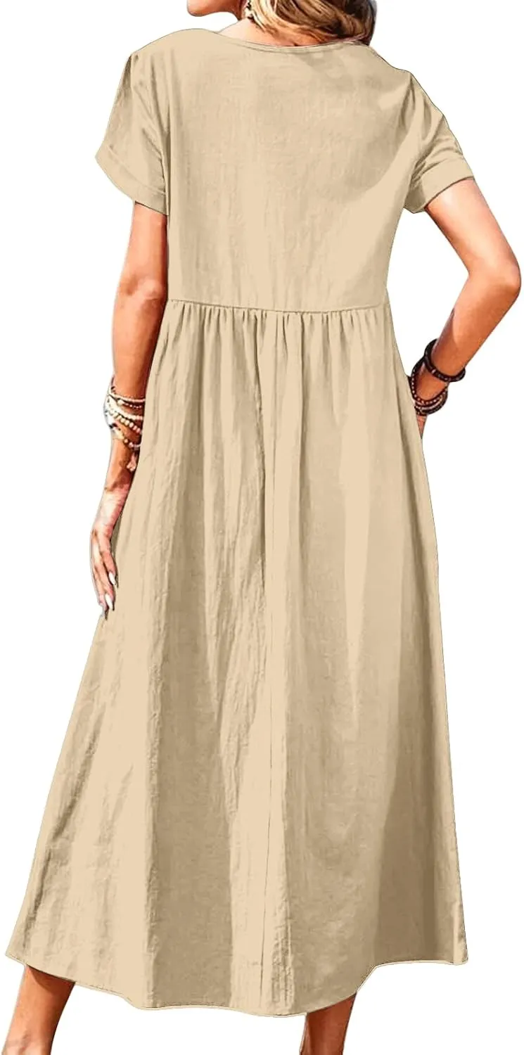 Cotton Linen Dresses for Women Baggy Crew Neck Short Sleeve Tunic Beach Midi Dresses A-Line Flowy Sundress