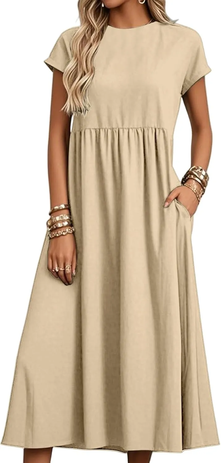 Cotton Linen Dresses for Women Baggy Crew Neck Short Sleeve Tunic Beach Midi Dresses A-Line Flowy Sundress