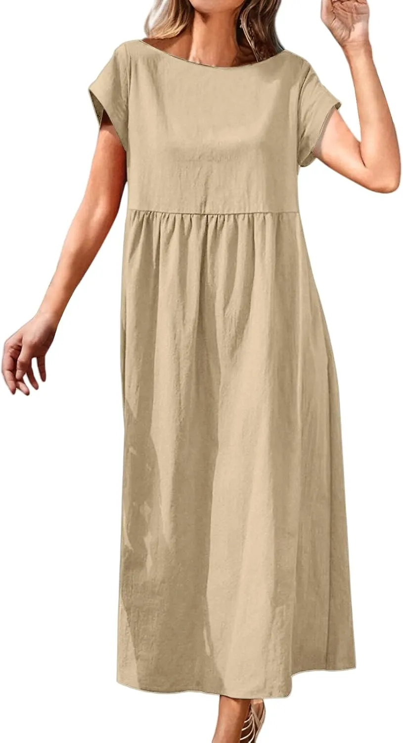 Cotton Linen Dresses for Women Baggy Crew Neck Short Sleeve Tunic Beach Midi Dresses A-Line Flowy Sundress