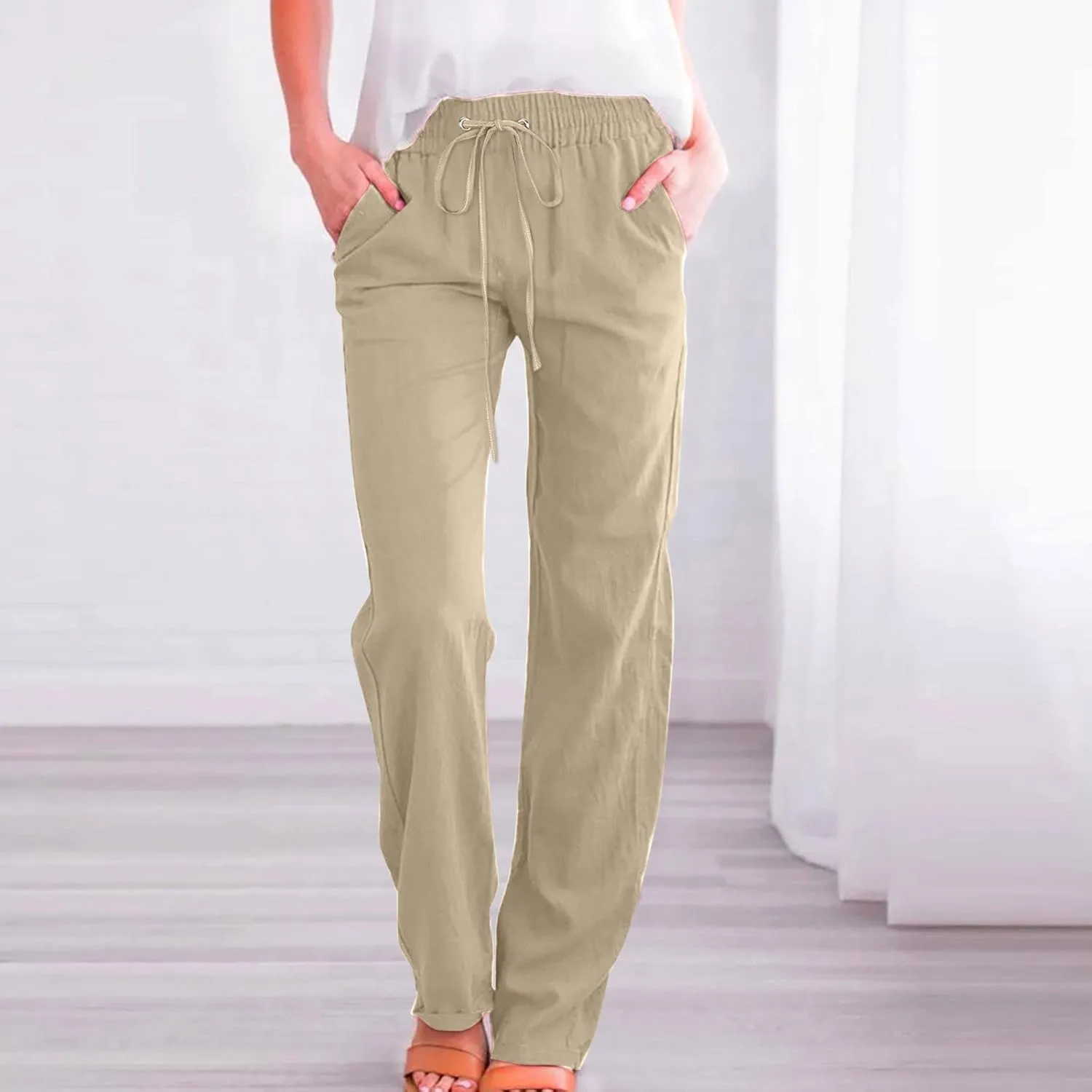 Cotton Linen Pants for Women Dressy Casual High Waisted Drawstring Pant Causal Summer Straight Leg Lounge Trousers