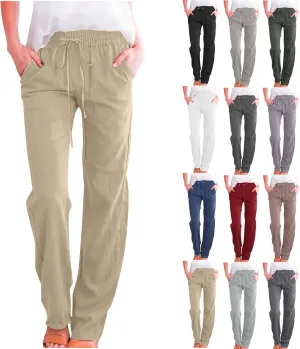 Cotton Linen Pants for Women Dressy Casual High Waisted Drawstring Pant Causal Summer Straight Leg Lounge Trousers