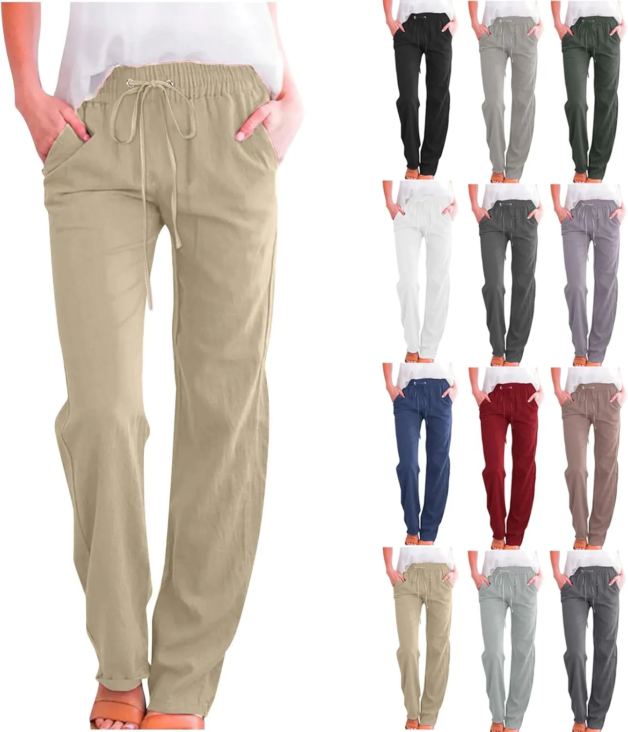 Cotton Linen Pants for Women Dressy Casual High Waisted Drawstring Pant Causal Summer Straight Leg Lounge Trousers
