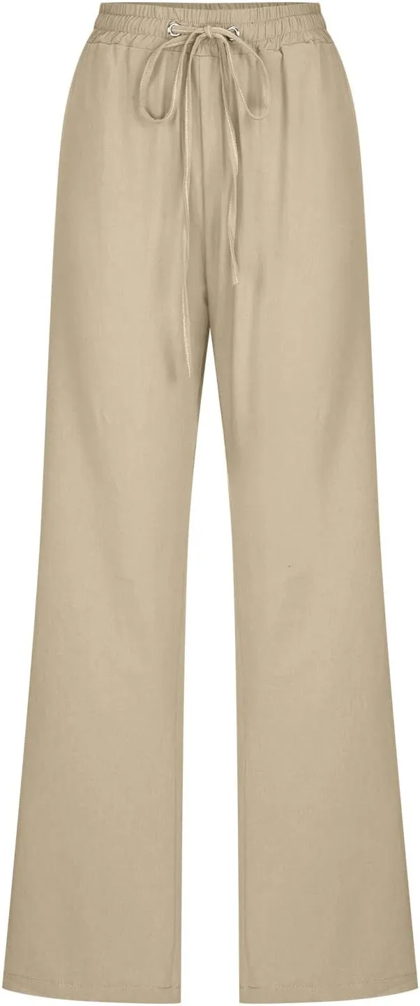 Cotton Linen Pants for Women Dressy Casual High Waisted Drawstring Pant Causal Summer Straight Leg Lounge Trousers