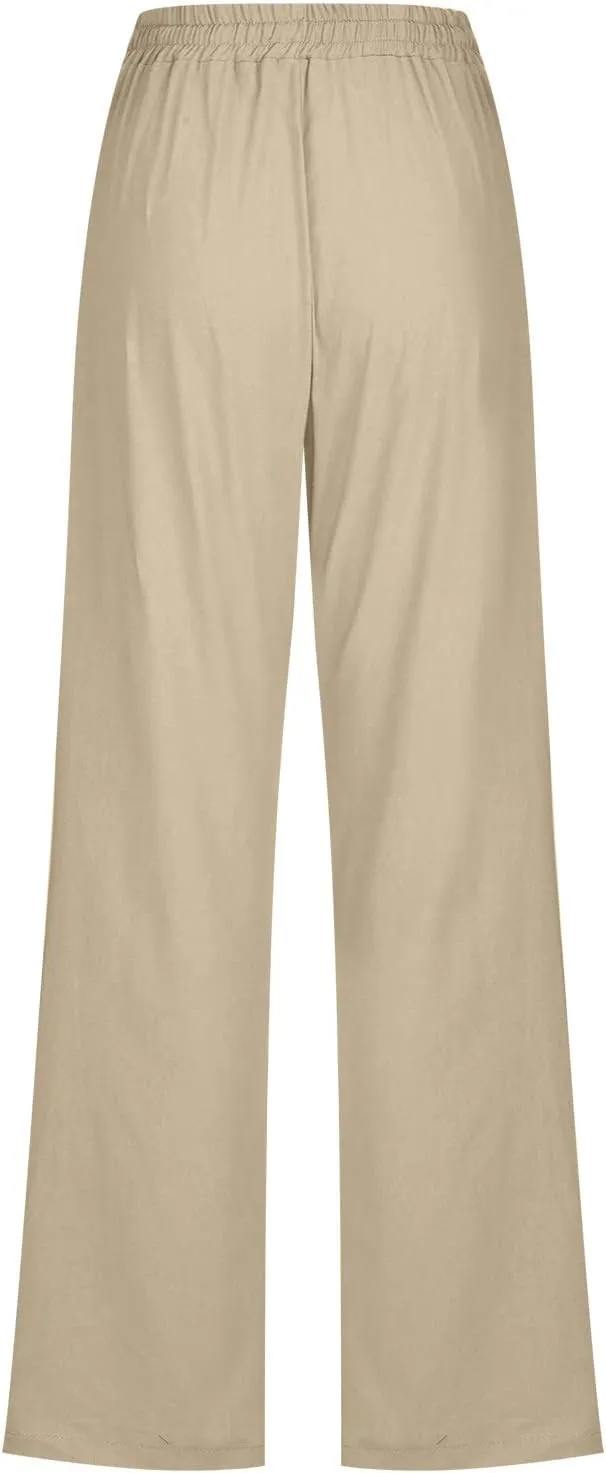 Cotton Linen Pants for Women Dressy Casual High Waisted Drawstring Pant Causal Summer Straight Leg Lounge Trousers